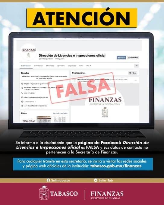 Alerta Gobierno de Tabasco por falsa página en Facebook de la Dirección de Licencias e Inspecciones
