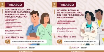 Busca Insabi a médicos y enfermeras especialistas para laborar en Hospital del Niño y en la zona Yokot´an