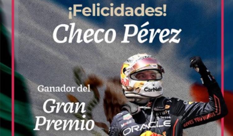 Felicita Gobierno de México a Checo Pérez, pero lo confunde con Max Verstappen