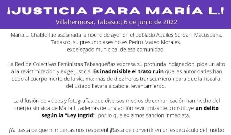 Condenan colectivos feminicidio de María Luisa… exigen aplicación de Ley Ingrid, tras difusión de imágenes en redes