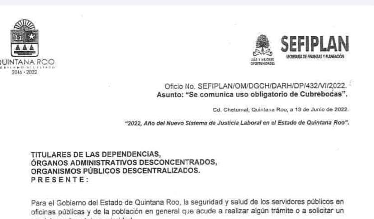 Vuelve el uso obligatorio del cubrebocas para burócratas de Quintana Roo