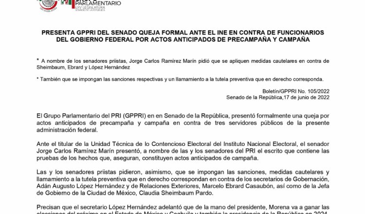 Senadores del PRI interponen queja ante el INE contra funcionarios, por campaña anticipada