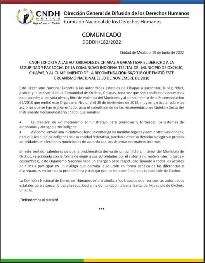 Exhorta CNDH a Gobierno de Chiapas garantizar elecciones por usos y costumbres