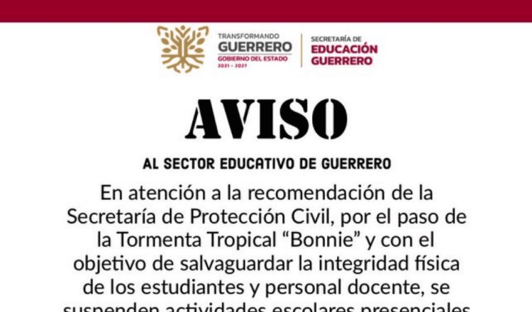 Suspenden clases en Guerrero por paso del huracán Bonnie