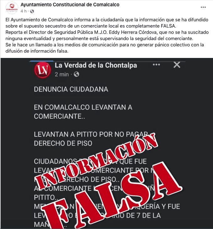 Desmiente Ayuntamiento de Comalcalco secuestro de comerciante