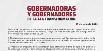 Felicitan gobernadores de Morena a AMLO tras gira por EE.UU.