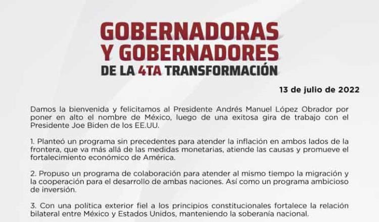 Felicitan gobernadores de Morena a AMLO tras gira por EE.UU.