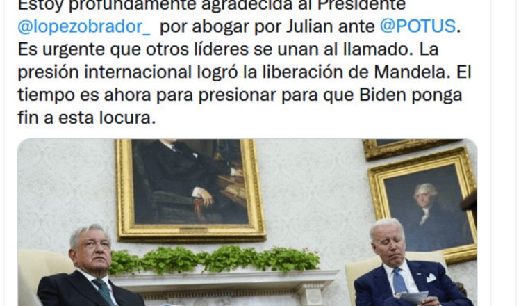 Agradece esposa de Julian Assange a AMLO por interceder ante Biden para que obtenga su libertad