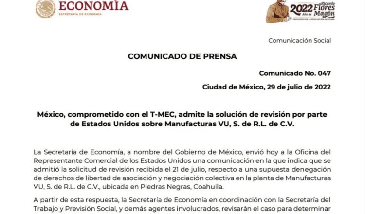 Admite México solicitud de EE. UU. para revisar si hubo abuso laboral en planta de Coahuila