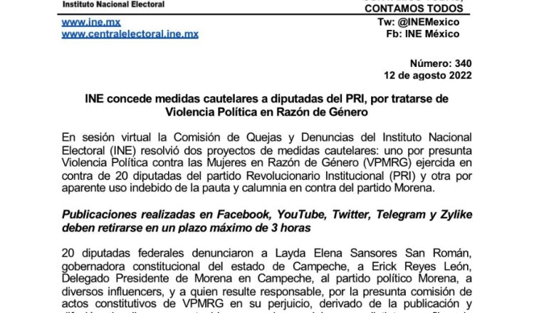 Pide INE a Layda Sansores y a Morena eliminar publicaciones contra diputadas del PRI