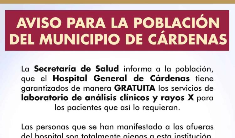 Análisis clínicos y rayos X en Hospital de Cárdenas, son completamente gratuitos, aclara Salud