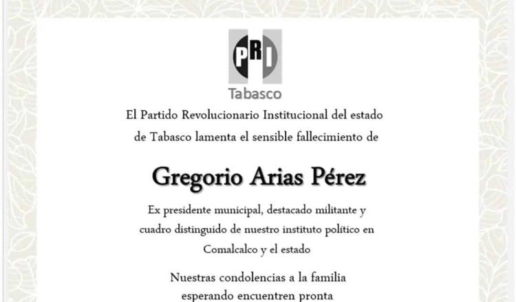 Lamenta PRI Tabasco homicidio de Gregorio Arias