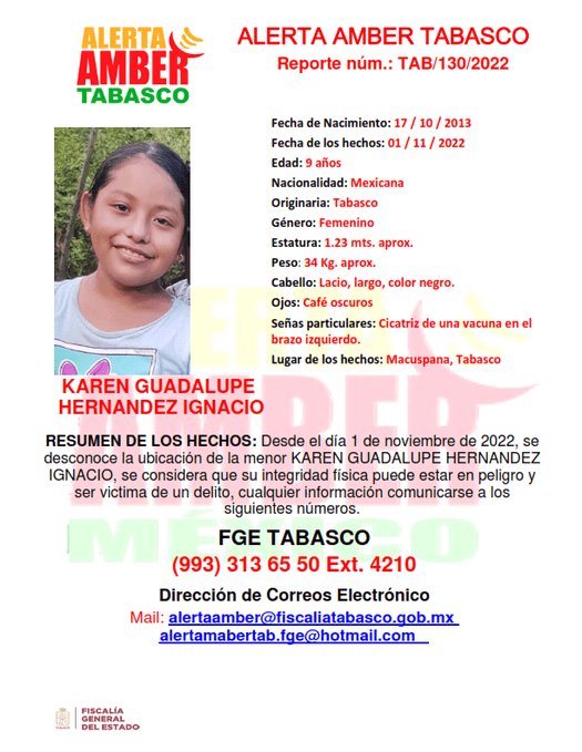 Activan Alerta Amber Tabasco para localizar a niña de 9 años de Macuspana
