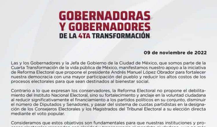 Emiten comunicado Sheinbaum y gobernadores de Morena para respaldar Reforma Electoral de AMLO