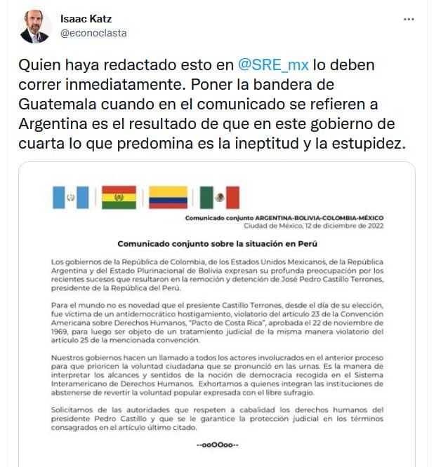 Confunde México bandera de Argentina con la de Guatemala en comunicado sobre situación en Perú