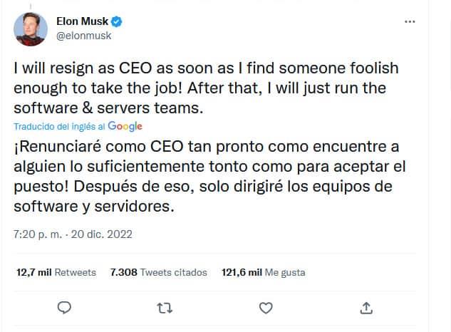 Anuncia Elon Musk que renunciará a ser el CEO de Twitter, tras perder encuesta