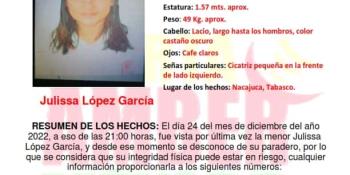 Alerta Amber para encontrar a Julissa López García, extraviada en Nacajuca