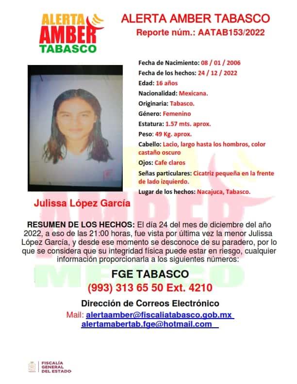 Alerta Amber para encontrar a Julissa López García, extraviada en Nacajuca