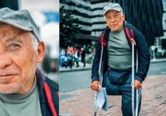 Abuelito en Bogotá vende bolsas para sobrevivir, le falta una pierna