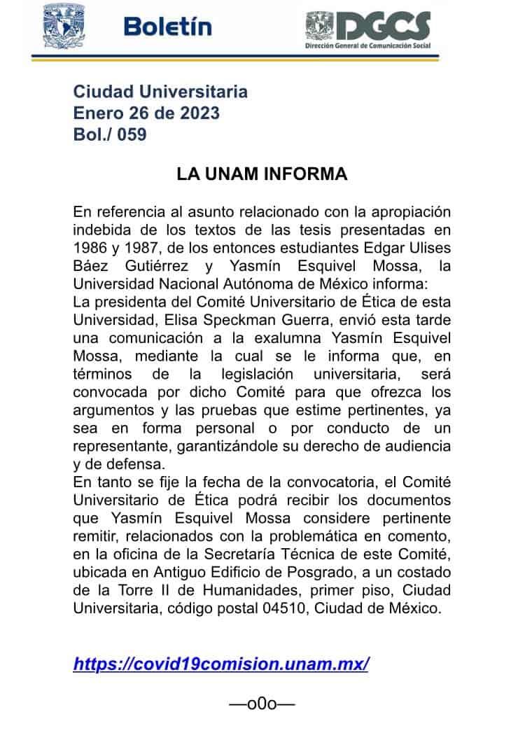 Cita UNAM a ministra Esquivel para presentar pruebas por plagio de tesis
