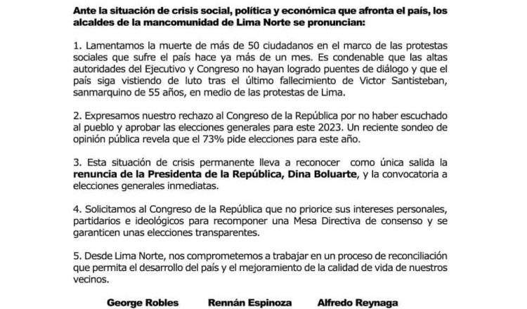 Alcaldes de Lima piden renuncia de la Dina Boluarte