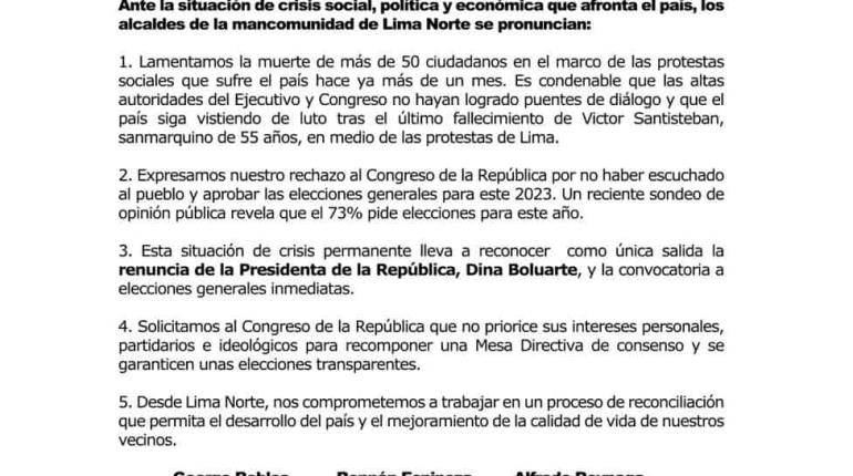 Alcaldes de Lima piden renuncia de la Dina Boluarte