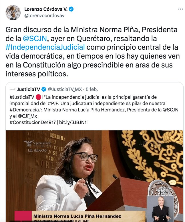 Celebra Lorenzo Córdova discurso de Norma Piña en evento de la Constitución