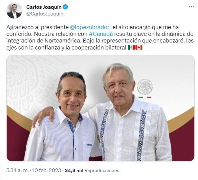 Agradece Carlos Joaquín a AMLO por "alto encargo" como embajador de Canadá