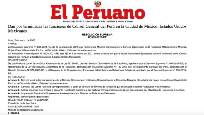 Gobierno de Perú retira de funciones a su cónsul en México