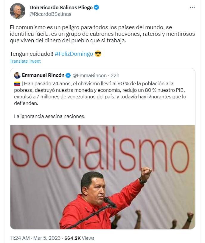 "Rateros y mentirosos": Advierte Salinas Pliego que el comunismo es un "peligro"