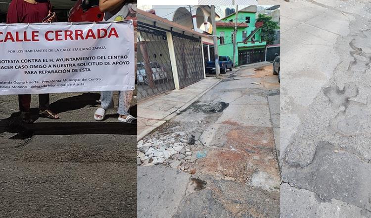 Cierran calle Emiliano Zapata de Atasta, para exigir que sea reparada