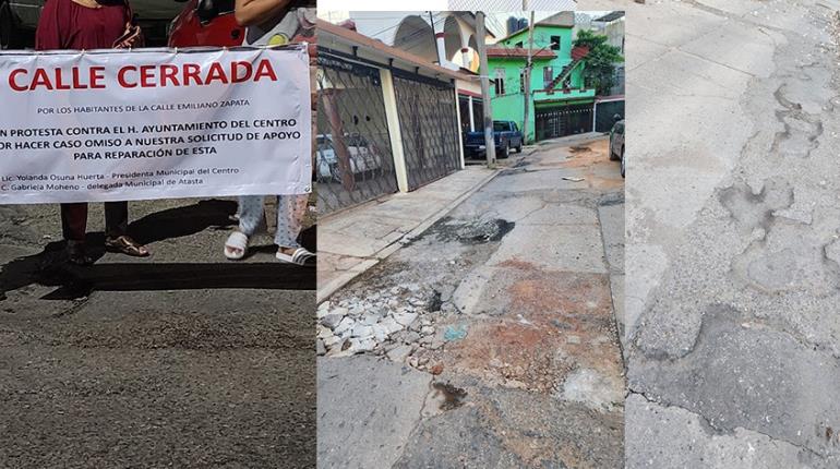 Cierran calle Emiliano Zapata de Atasta, para exigir que sea reparada