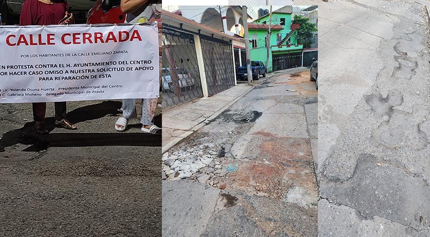 Cierran calle Emiliano Zapata de Atasta, para exigir que sea reparada