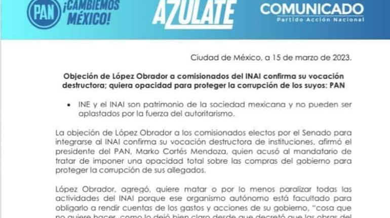 Rechaza oposición veto de AMLO a comisionados del INAI