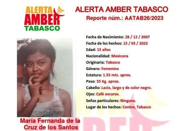 Emiten Alerta Amber para localizar a menor desaparecida en Centro