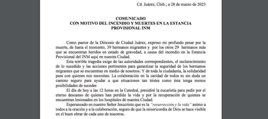 Iglesia Católica exige esclarecimiento de incendio en estación migratoria de Ciudad Juárez.