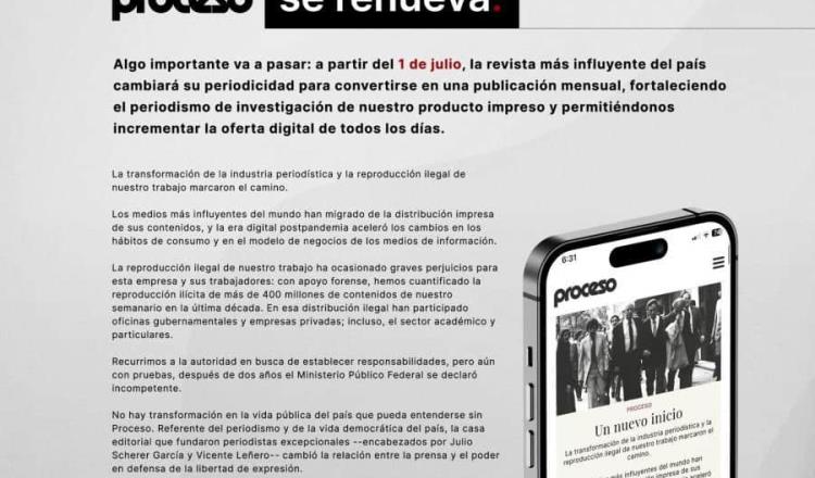 Anuncia Proceso que dejará de ser semanario y ahora se publicará mensualmente