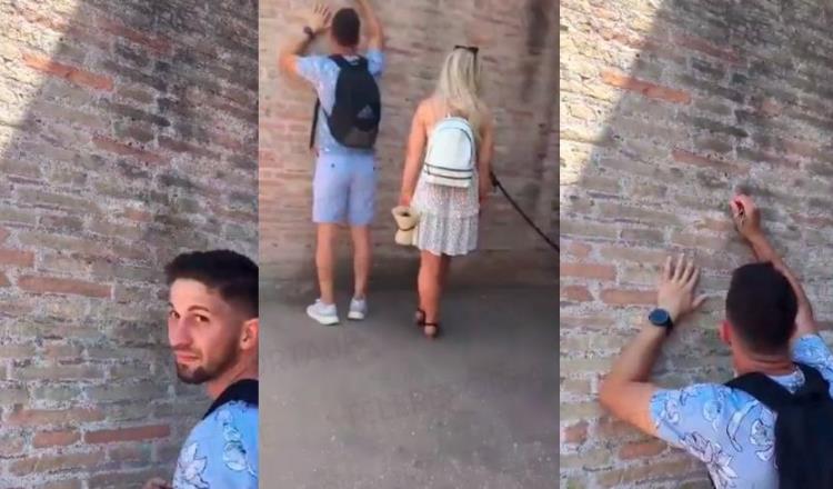 Exhiben a turista grabar su nombre y el de su novia en pared del Coliseo Romano