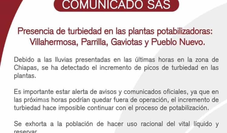 Advierte SAS sobre posible suspensión de servicio en potabilizadoras por turbiedad en ríos