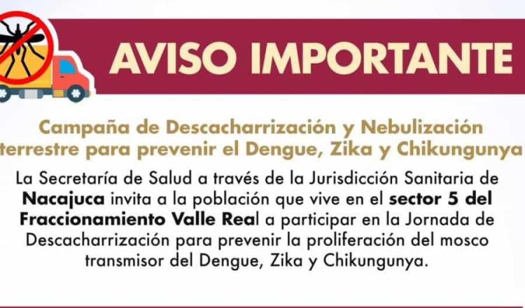 Anuncia Salud campaña de descacharrización y nebulización contra el dengue, zika y chikungunya en el Fraccionamiento Valle Real