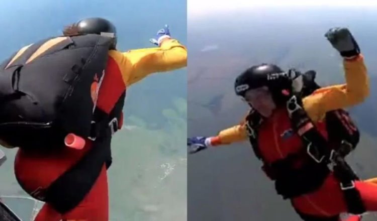 ¡Dramático rescate en el aire! Instructor de paracaidismo en Rusia salva a mujer de caer y morir