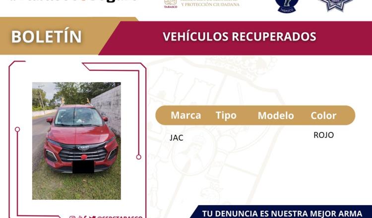 3 detenidos y 3 vehículos recuperados en Centro, reporta SSPC