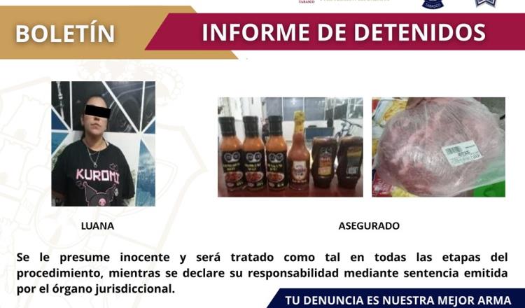 Detienen a mujer por robar carne y salsas en centro comercial de la Deportiva