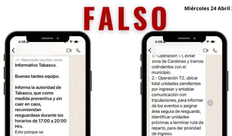 Advierte Gobierno de Tabasco sobre falsos mensajes de alerta que circulan por WhatsApp