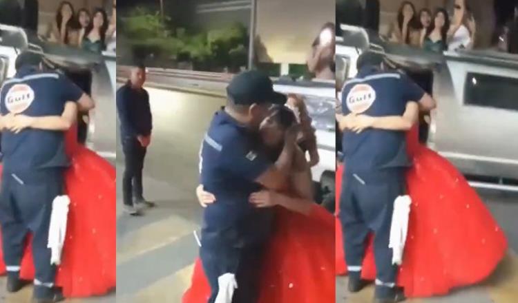 Quinceañera visita de sorpresa en el trabajo a su papá que no pudo asistir a la fiesta