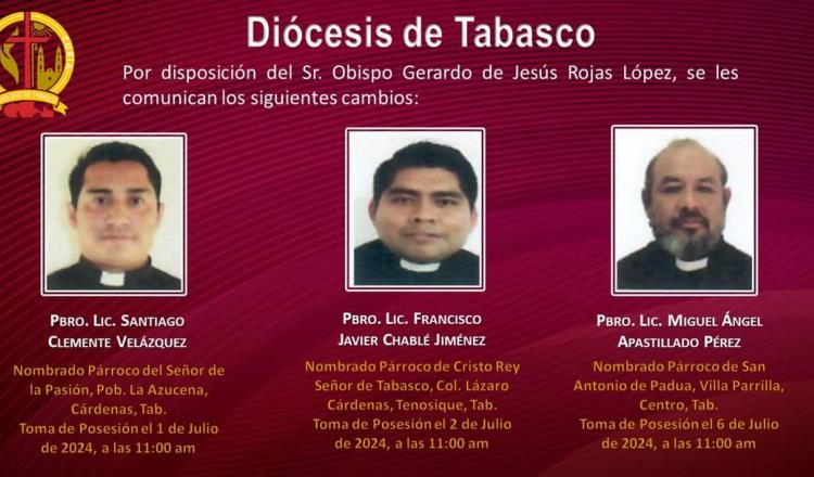 Cambios en parroquias de 6 municipios de Tabasco, anuncia Diócesis