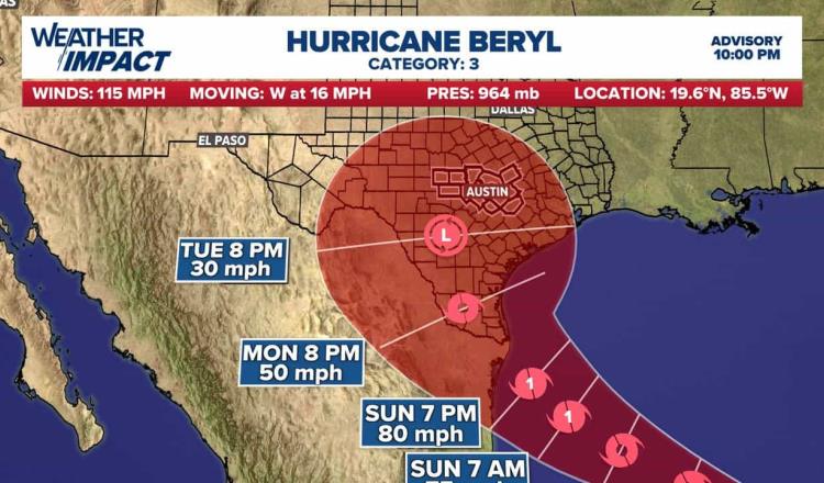 Beryl impactará Texas el lunes; se prevé que se fortalezca tras su paso por México