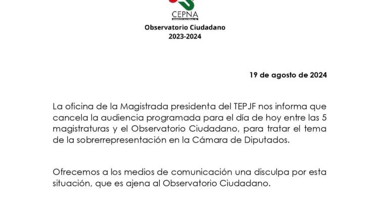 Cancela TEPJF reunión con Observatorio Ciudadano acerca de la sobrerrepresentación