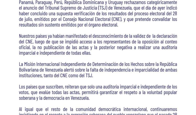 Rechazan 11 países fallo del Tribunal Supremo de Venezuela sobre elección presidencial