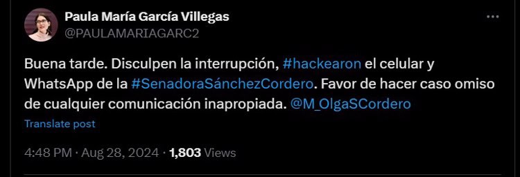 Hackean teléfono celular de Olga Sánchez Cordero